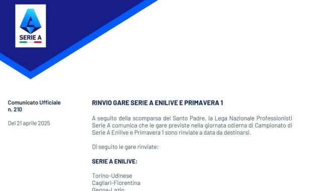 罗马教皇去世！ 意甲4场比赛推迟 新的比赛时间待定